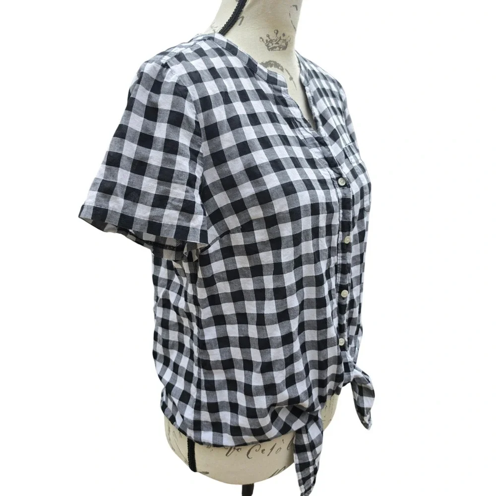 J.Crew Womens Black White Gingham Tie Front Short Sleeve Button Up Shirt Small